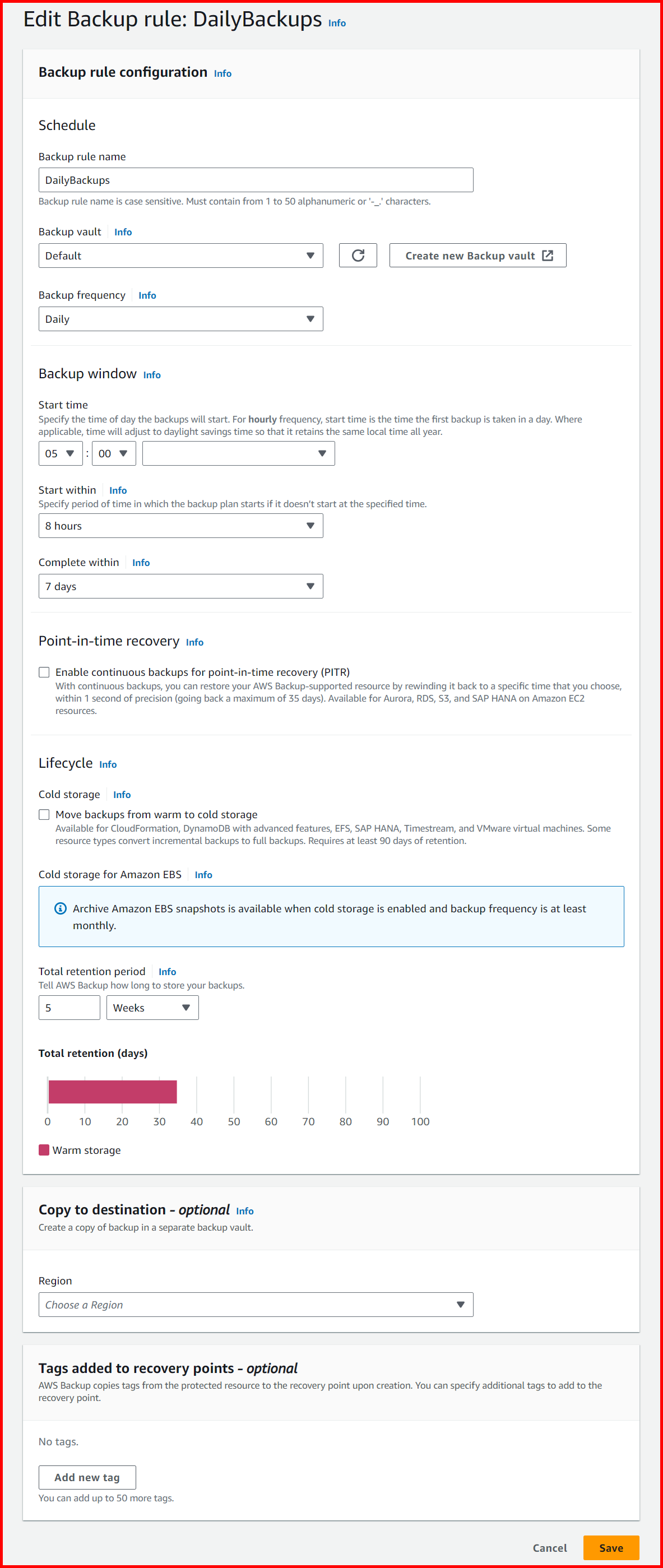 Picture showing detail screen of the backup plan created